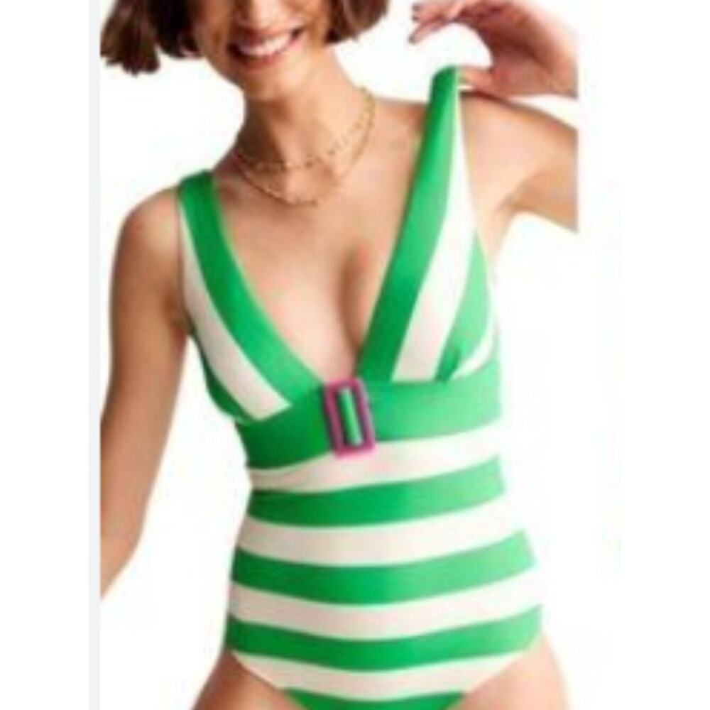 NEW - BODEN women PORTO V-NECK resin buckle one piece swimsuit green white SZ 6L - Picture 5 of 15